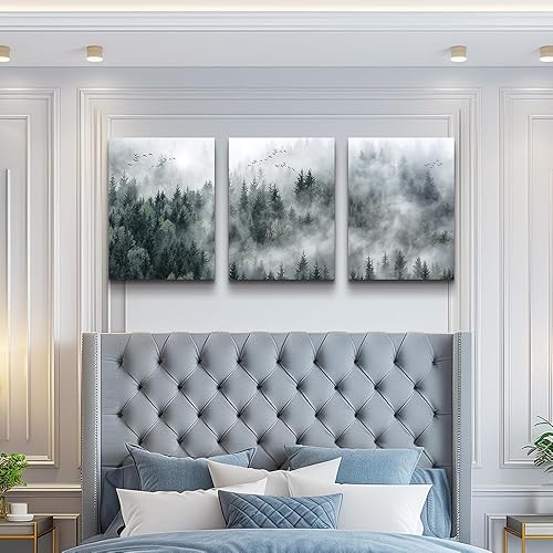 Miniatura 7 de Lienzo decorativo de pared para sala de estar, decoración de pared moderna para dormitorio, bosque brumoso, árboles, paisaje, pintura de pared,