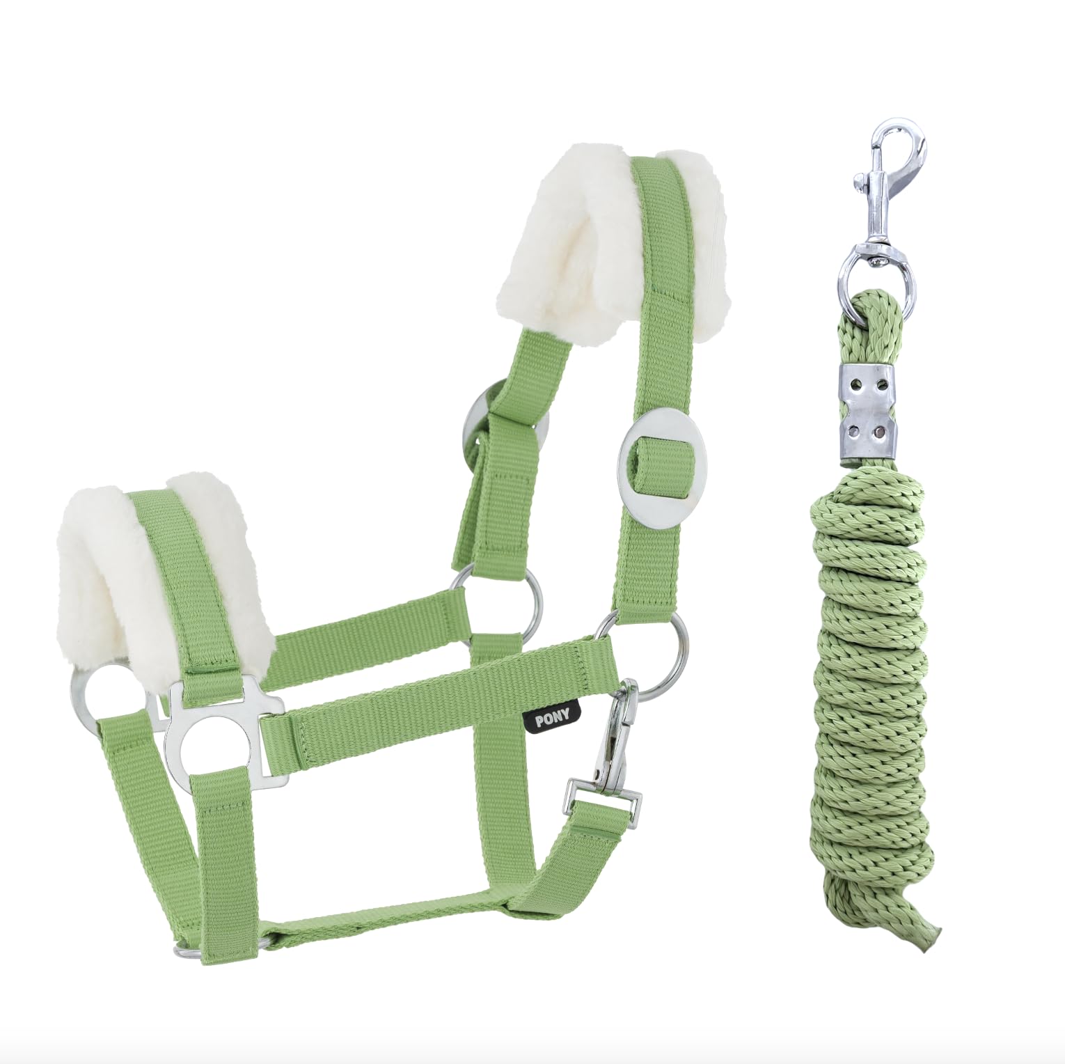 JA Horse JA4003 Faux Fur Halter Lead Rope Set with Snap Hook Adjustable Horse Halter Horse Wooden Horse Tie Rope (Faux Fur Snap Hook Green, Full)
