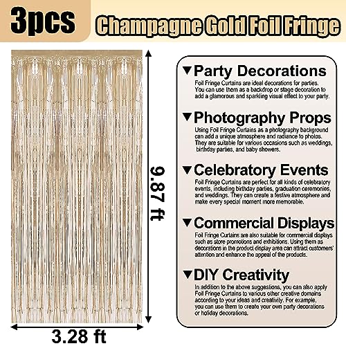 Image of 3 Pack Champagne Gold Foil Fringe Curtain Backdrop, 3.28Ft x 9.8Ft Metallic Tinsel Foil Fringe Streamer Curtains for Photo Booth, Christmas Day, Thanksgiving, Wedding, New Year Party Decorations