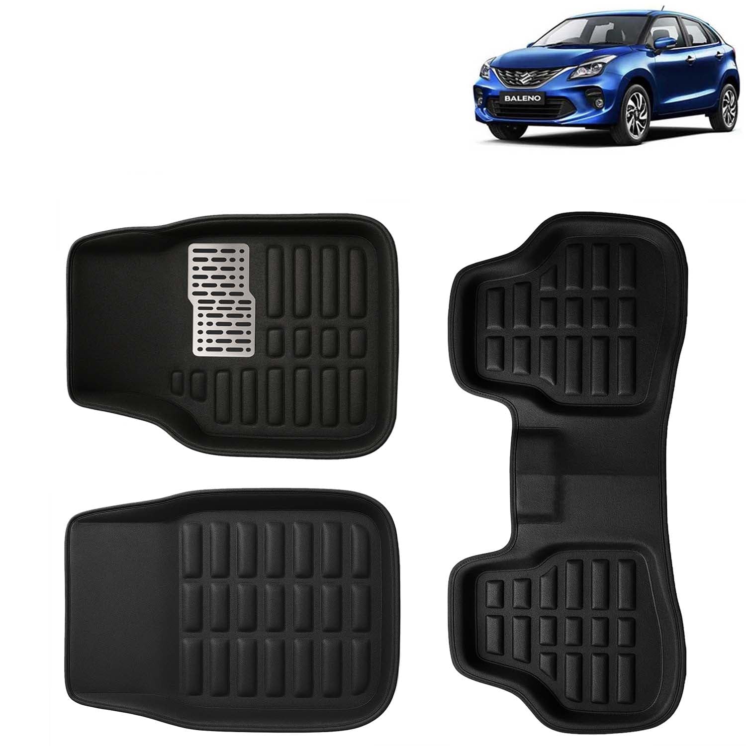 KINGSWAY Accessories Premium 3D Car Floor Mats Only Compatible with Maruti Suzuki Baleno Year 2019 to 2022 All Model, Set of 3, 100% Waterproof Tray Shape PVC 3D Car Foot Mats Anti-Slip Car Mat, Black