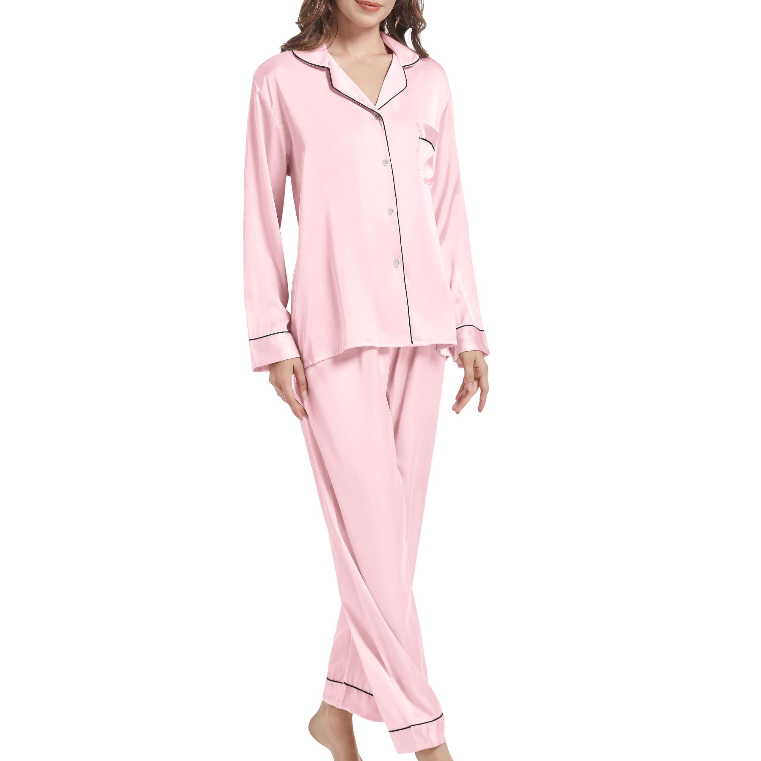 JCQIGOA Seta Donna Pigiama a Maniche Lunghe Set Pigiama Donna Lungo Set Pezzi Loungewear Pigiama da Notte Lungo Pigiama da Notte