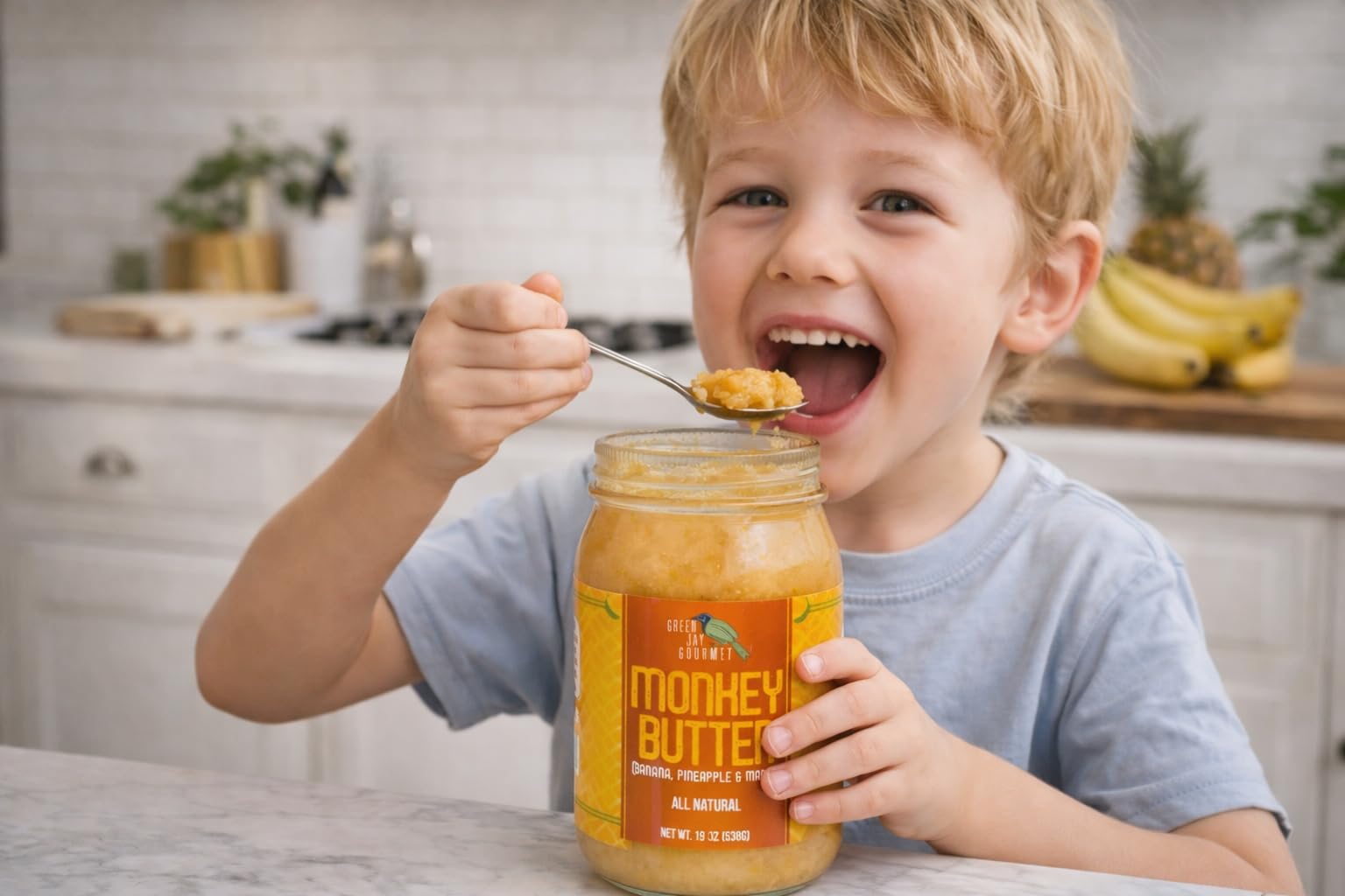 Green Jay Gourmet Monkey Butter - All-Natural, Gluten-Free Banana Butter - Pineapple Spread with Bananas & Mango - Gourmet Fruit Butter - No Corn Syrup, Preservatives or Trans-Fats - 19 Ounces