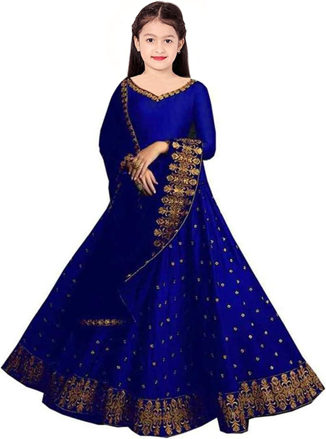 F Plus Fashion Girl's Satin Semi-Stitched Lehenga Choli (WW_K_Blue_Kohinoor_(3-4)_Blue_3-4 Years)