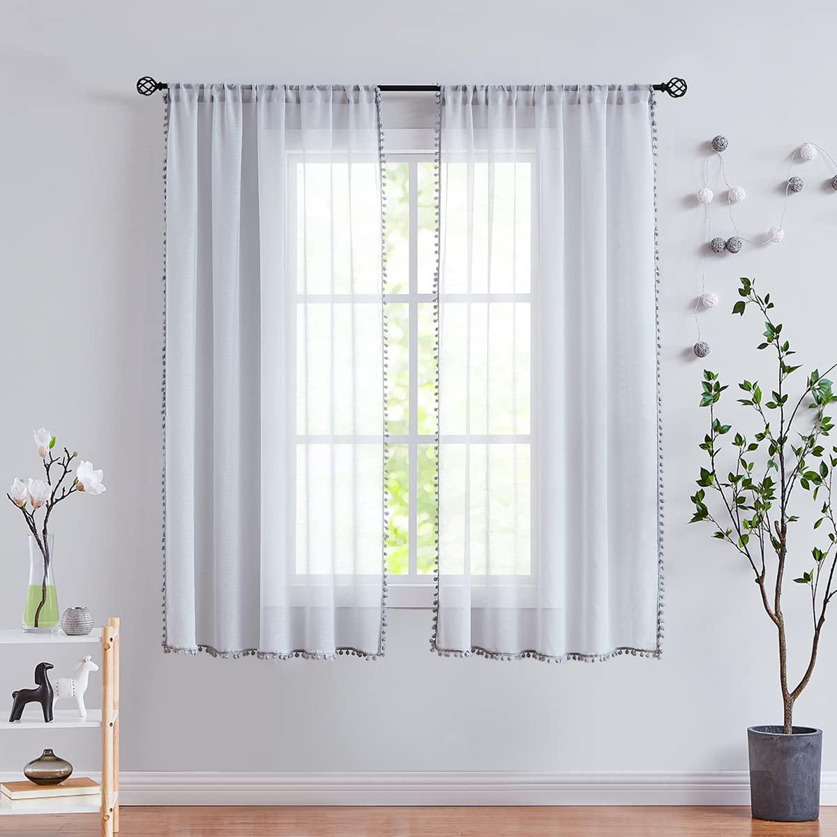 Amazon.com: Treatmentex Pom-Pom Grey Sheer Curtains for Bedroom 63