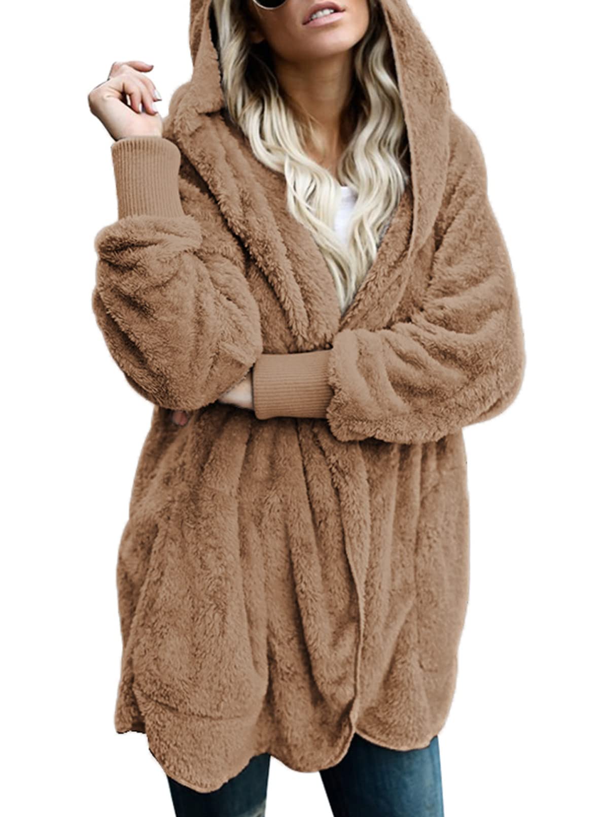 Dokotoo Womens 2025 Winter Long Sleeve Solid Fuzzy Fleece Open Front Hooded Cardigans Jacket Coats Outerwear with Pocket