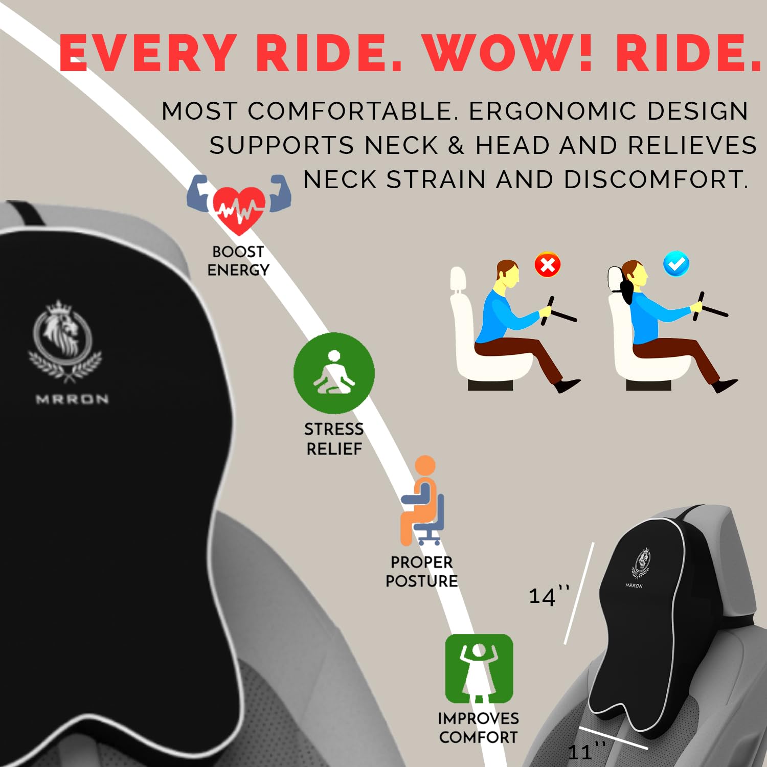 MRRON Supreme Memory Foam Headrest Neck Rest Cushion - Ergonomic Car Neck Pillow Cervical Support for Neck Pain Relief in Office, Driving Adjustable Height Band. (Pack of 2, Black) 1