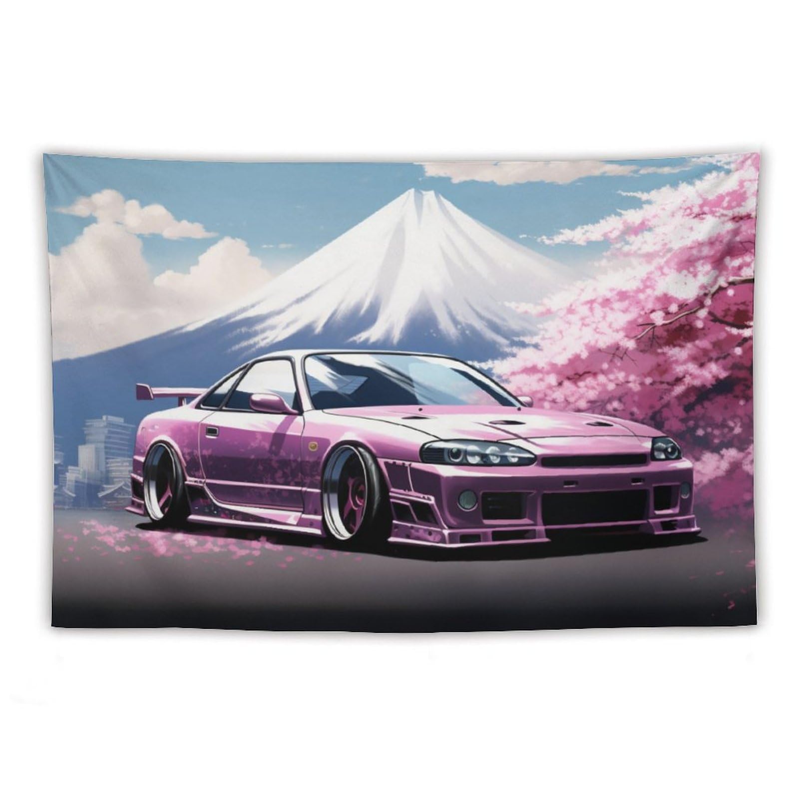 FeoYoed Jdm Car R33 Tapestry Wall Hanging Decor Wall Art for Bedroom Living Room Japan Mount Fuji Pink Cherry Blossom 40"x60"