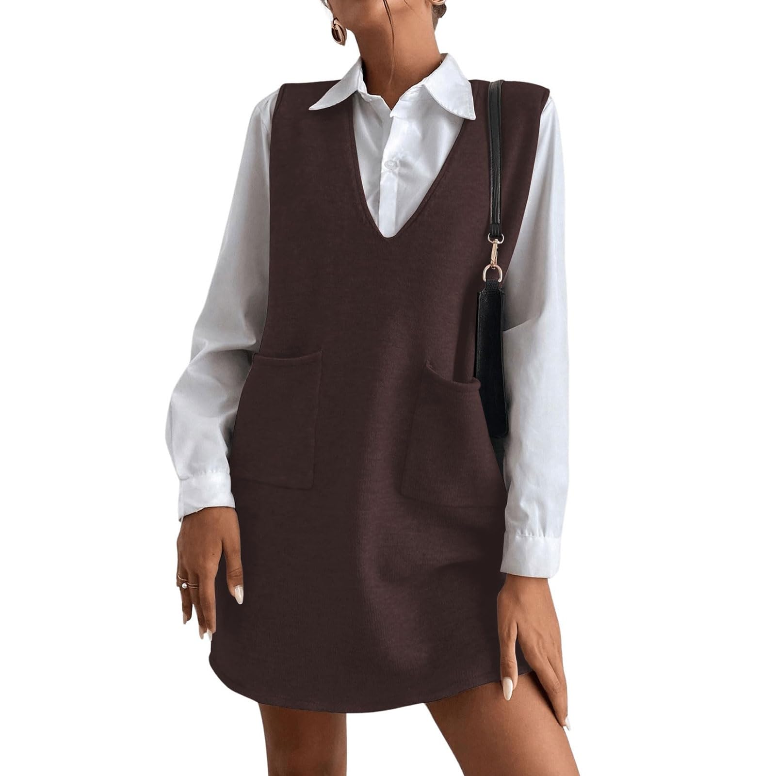 Womens Sweater Vest Dresses Casual Pullover Knitted Sweaters with Pocket Vneck Sleeveless Fall Winter Outfits