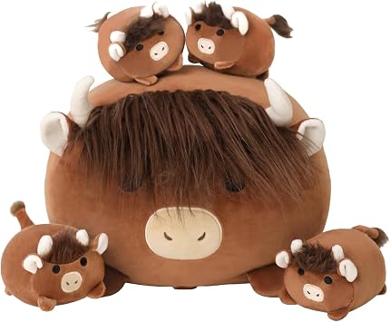 SQEQE Highland Cows Stuffed Animals 5 in 1, Cute Fluffy Cow Plush with 4 Babies in Tummy, Soft Highland Cattle Kid Bedtime for Christmas Valentines Birthday Gifts, Plushies Decor for Boys Girls