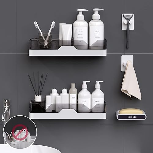 Miniatura 2 de UIFER Paquete de 2 estantes de ducha adhesivos con soporte para jabón y 2 ganchos para maquinilla de afeitar, estantes de ducha sin taladrar,