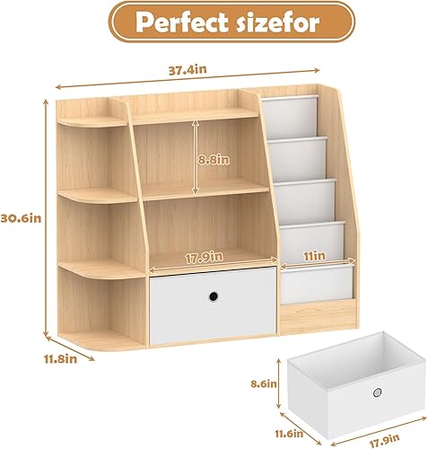 Miniatura 2 de Estantería para niños y almacenamiento de juguetes, estante de madera de 4 niveles para libros, estantería grande para niños con cajones, estantería