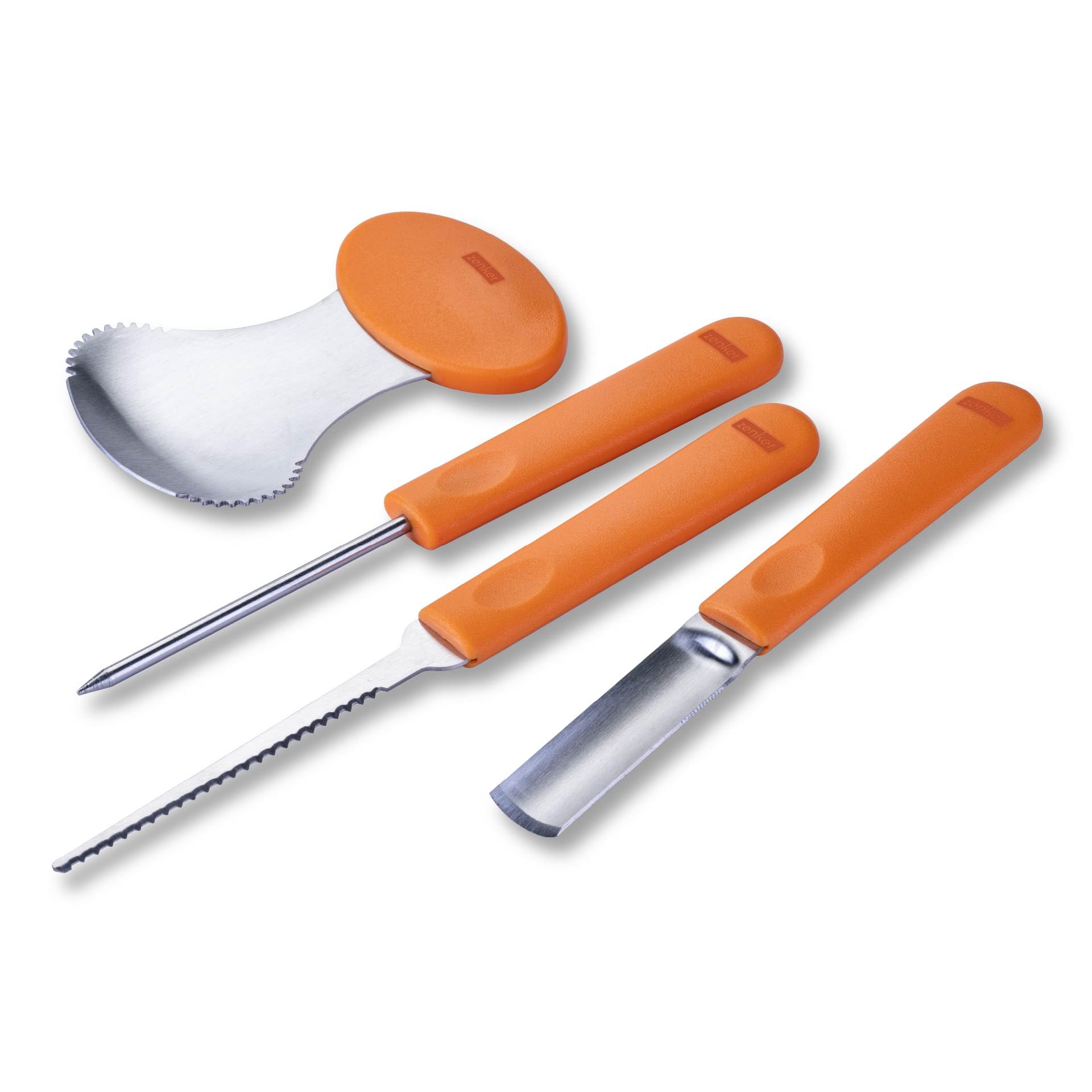 Zenker Set 4 Strumenti Professionali per Intagliare Zucca Halloween, con Coltello Seghettato, Punteruolo, Sgorbia e Cucchiaio Scavino, Acciaio Inox, Utensili da cucina Ideali per Bambini e Adulti