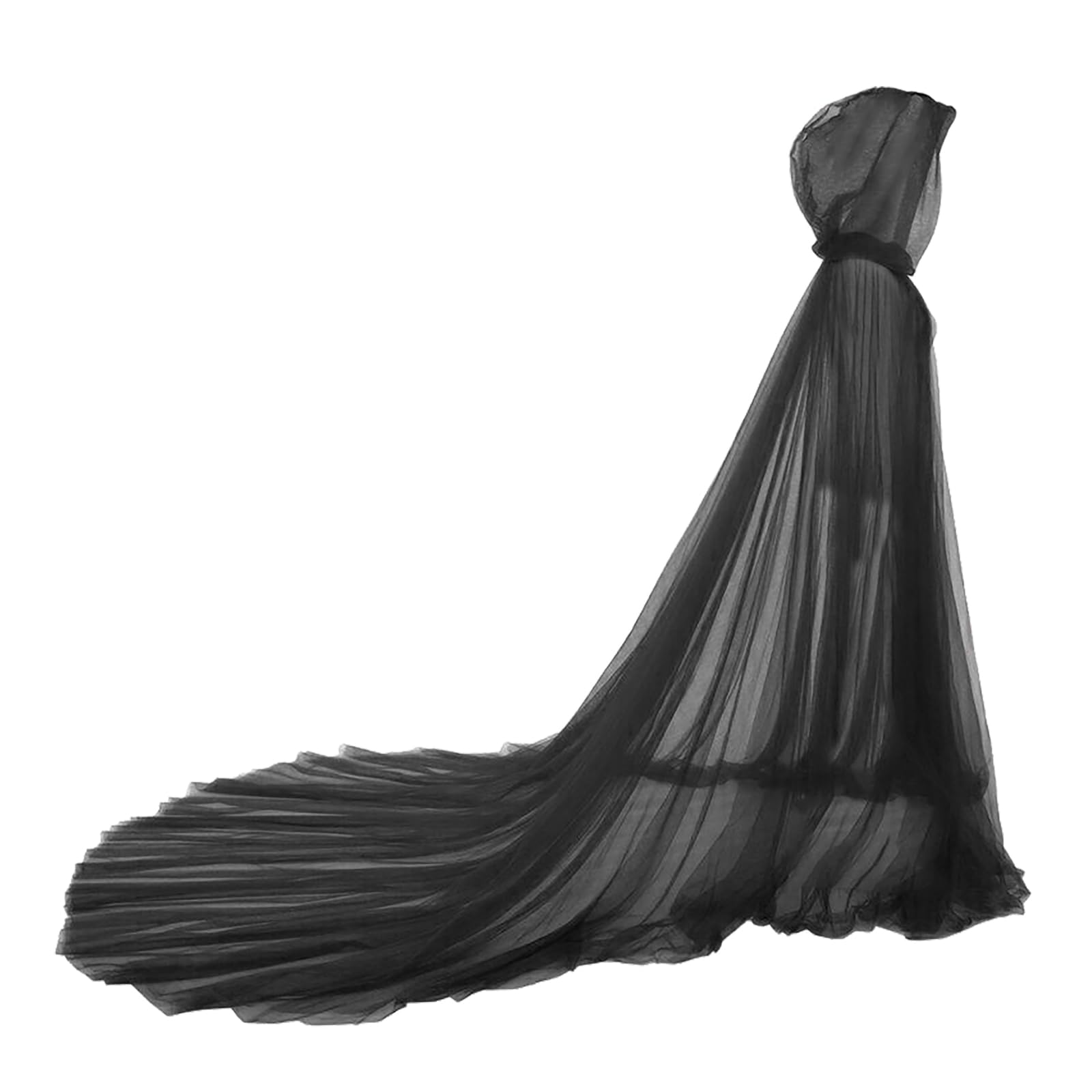 FakeFace Women Tulle Hooded Cloak Wedding Bridal Dress Robe Vampire Witch Elf Full Length Cape with Hood Halloween Cosplay Costume (Black) - Image 4