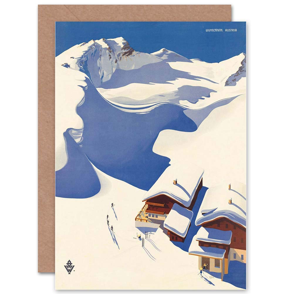 Wee Blue Coo TRAVEL WINTER SPORT SNOW SKI CHALET ALPS AUSTRIA BLANK GREETINGS CARD