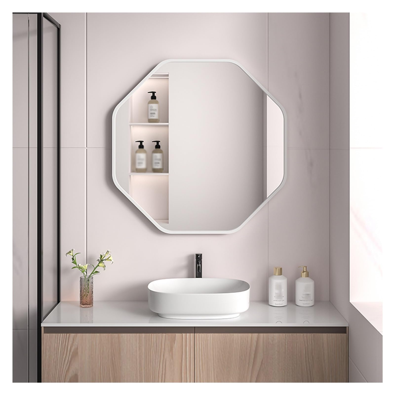 SXFSDOU Modern Octagonal Wall Mirror with Metal Frame - 27.5in Vanity for Bathroom, Bedroom, Entryway & Dining Room Stylish White Decor Piece