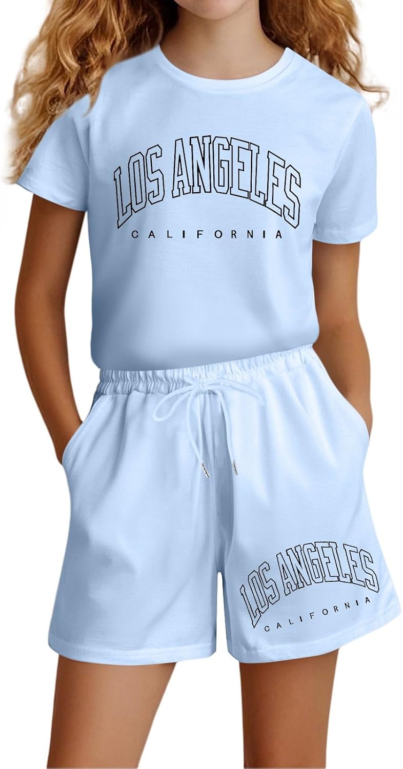 2 Piece Outfit Set for Girls Oversized Short Sleeve Crewneck T-Shirt & Shorts Fashion Casual Streetwear with Pockets