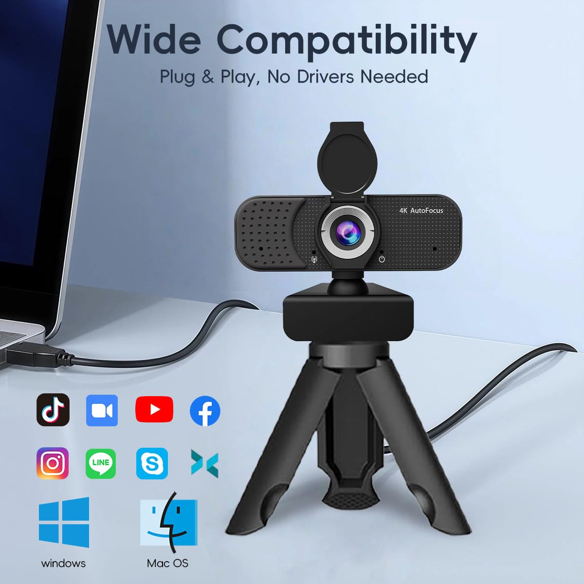 4K Autofocus Webcam for PC & Laptop, USB Plug & Play Computer Camera with Dual Noise-Reducing Mics, Low-Light Correction, Privacy Shutter, Tripod Compatible, Works with Zoom/Teams/Google Meet — view 7