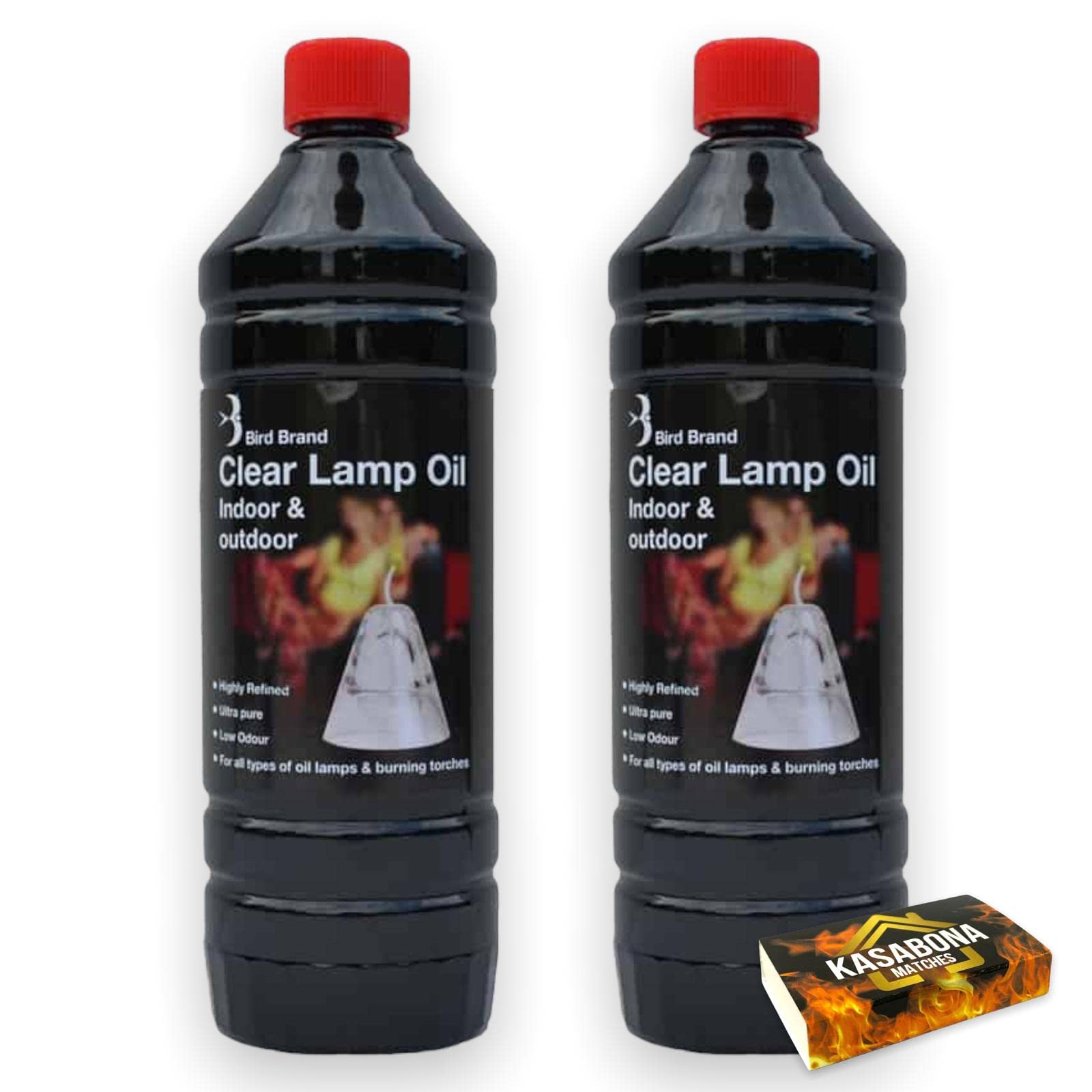 Kasabona Bird Brand Clear Lantern Torch And Lamp Oil 1L Indoor & Outdoor Use For Oil Lamps & Burning Torches - Pack Includes Safety Matches (2 Pack)