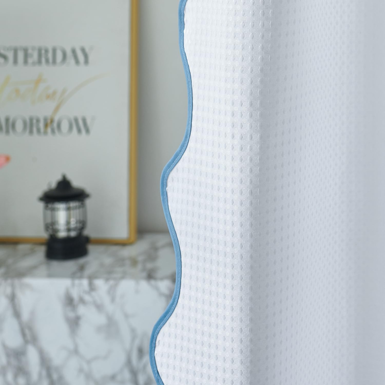 Waffle Weave 230GSM Heavy Duty Fabric with Water Blue Scalloped Border Shower Curtain,Boho Chic Cloth Shower Curtain for Bathroom Showers,72 x 84 Inches
