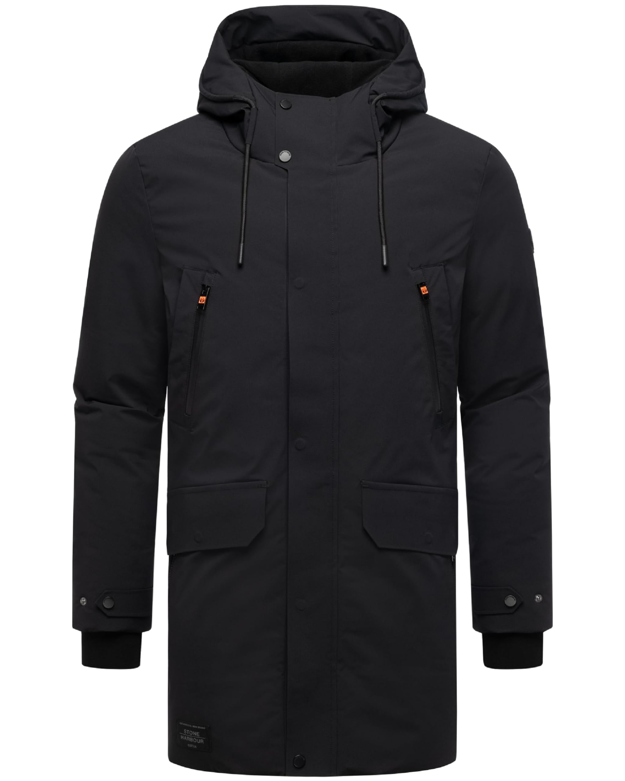 STONE HARBOUR Herren warmer Wintermantel lang Winterparka mit Fleece-Innenfutter, zahlreichen Taschen innen und außen und großer Kapuze Kitraan XX S-3XL