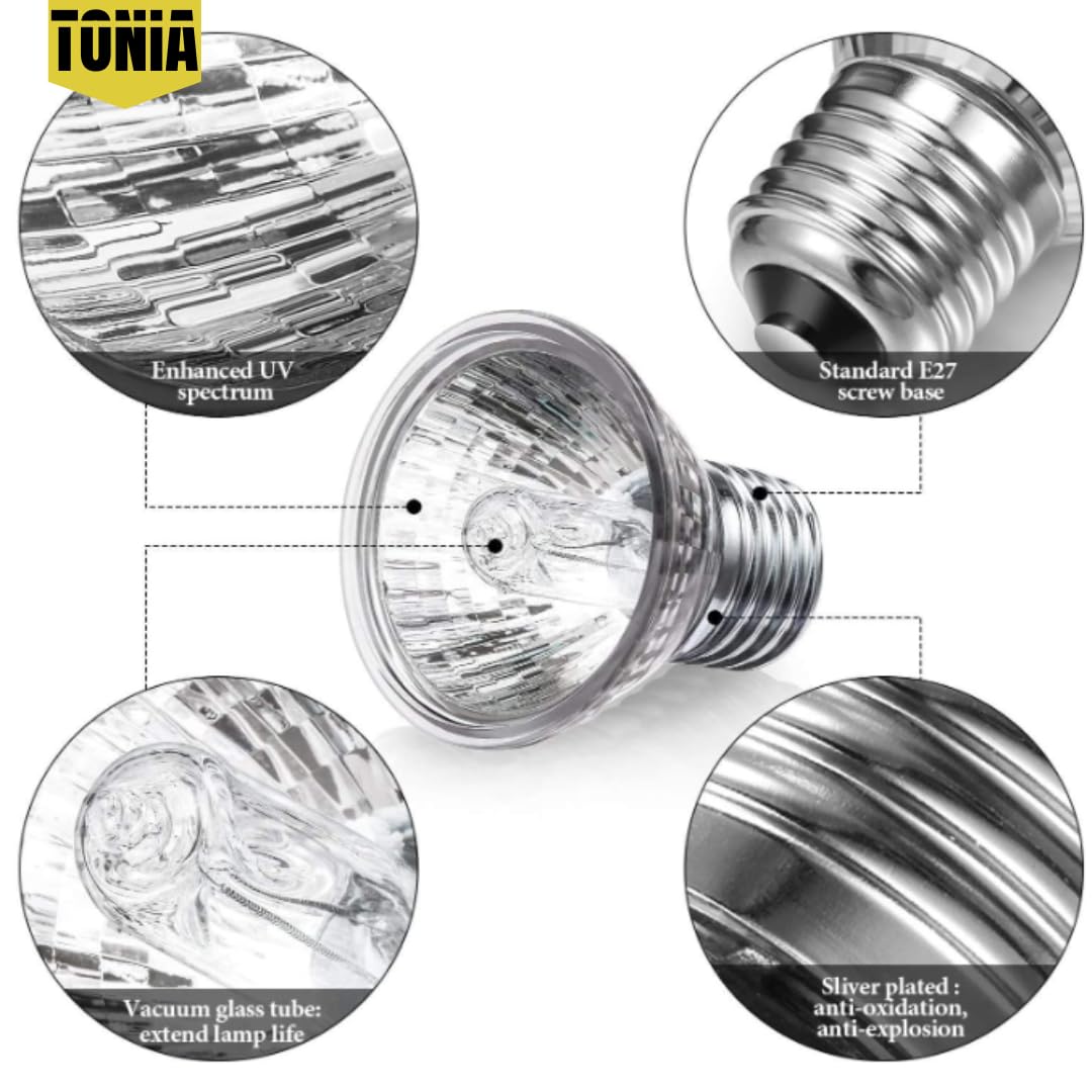 Tonia Kit de 4 Bombillas UVA/UVB + Portalámparas para Reptiles – 2x25W + 2x50W – Luz Solar de Espectro Completo para Terrarios y Acuarios Tortugas, Camaleones – 360º