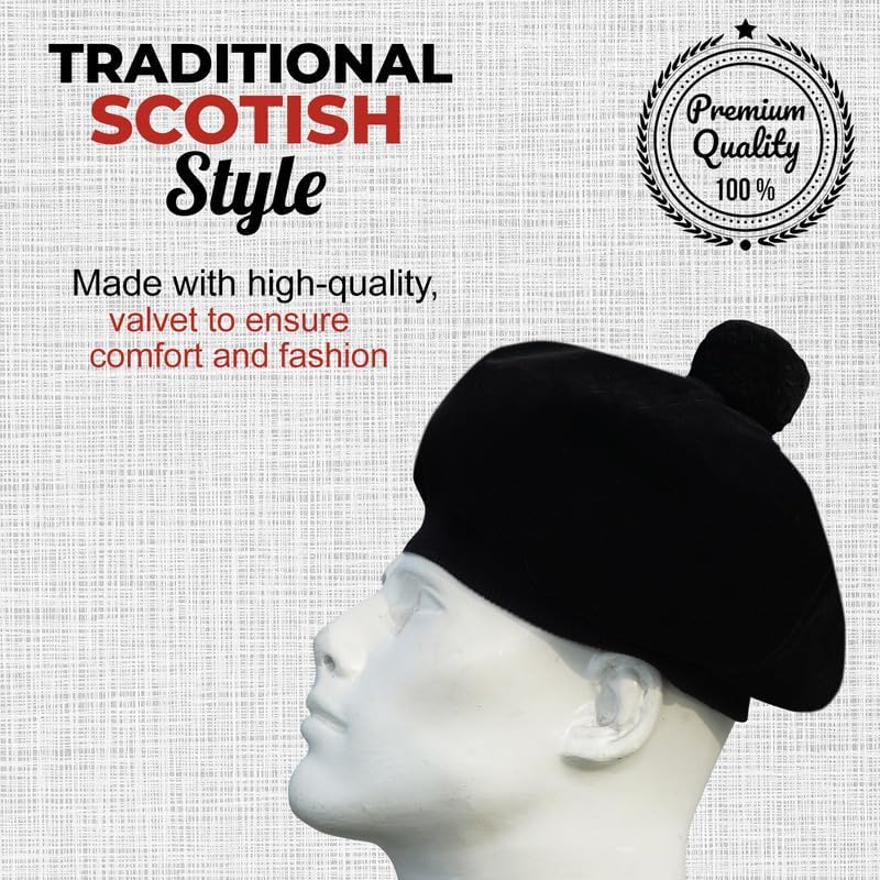 Image of Scottish Tam O' Shanter Hat Tartan Bonnet Pom Pom Wool Flat Cap One Size