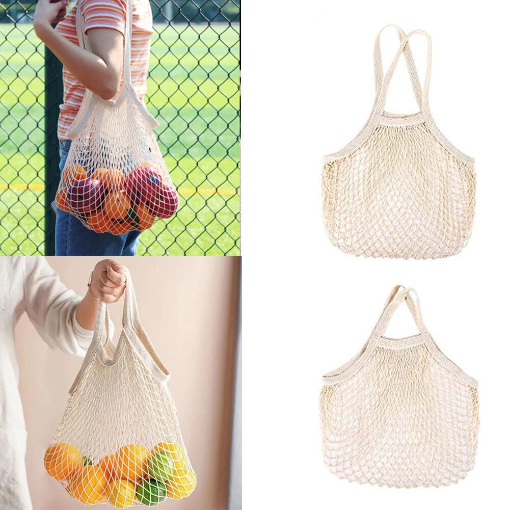 Goodern 2 Pack Reusable Grocery Mesh Bags,Cotton Mesh String Shopping Bags,Farm Produce Net Tote Bags with Long Short Handle for Home Shopping Outdoor Packing Storage Fruit Vegetable