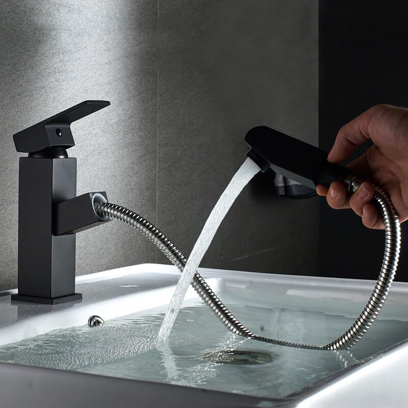 Mélangeur de lavabo de salle de bains avec douchette extractible et robinet d'eau chromé gris