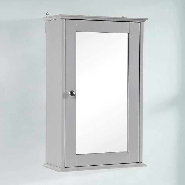 Taylor & Brown Single Door Mirrored Bathroom Cabinet Storage Cupboard Organiser Wall Mounted Mirror Cabinet with Adjustable Shelf, Grey 34cm x 15cm x 53cm