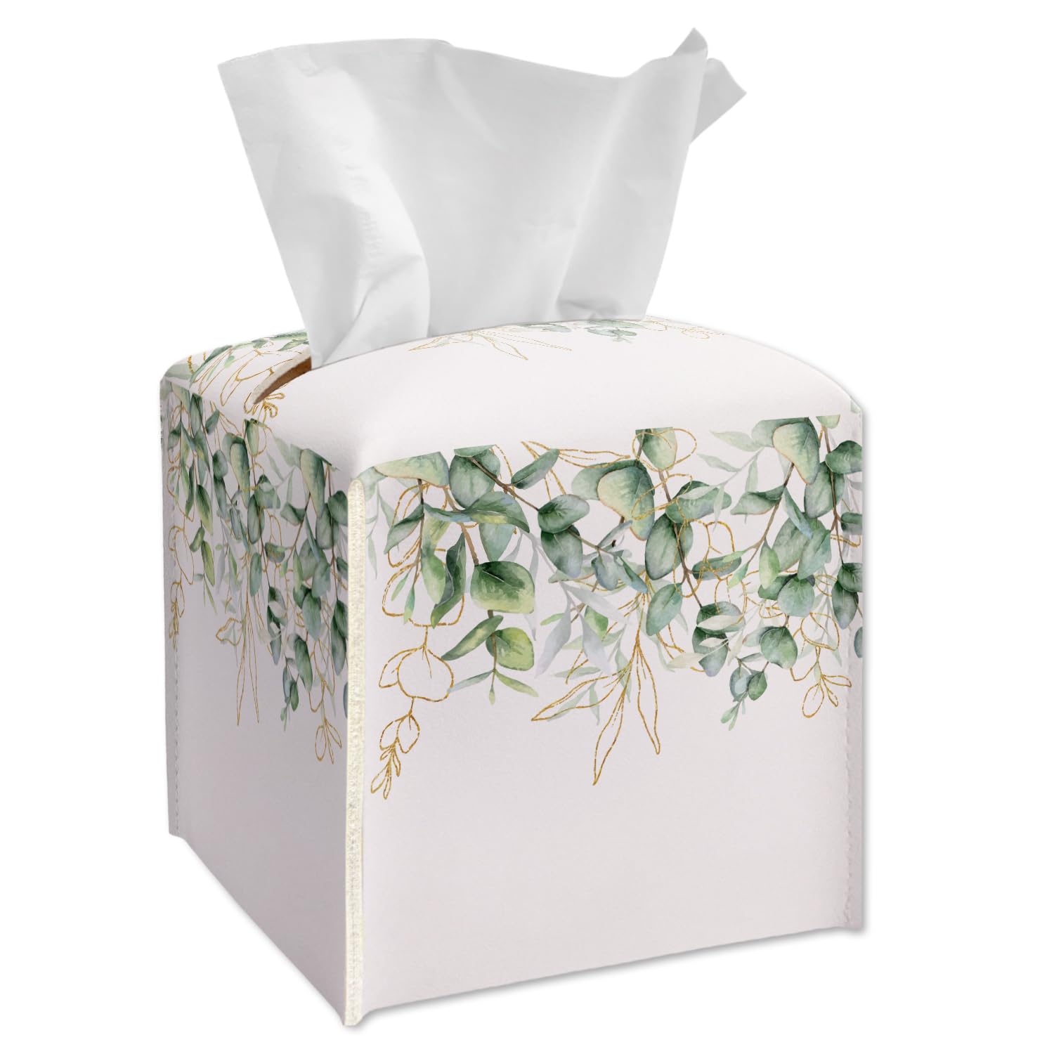Boîte à mouchoirs en cuir avec ceinture inférieure anti-glisse motif eucalyptus
