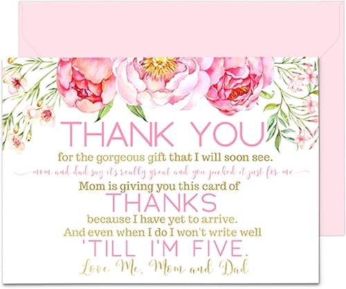 Miniatura 1 de Tarjetas de agradecimiento con sobres, notas en blanco con mensaje precargado, personaliza para regalos de niñas, diseño floral y mariposa rosa,