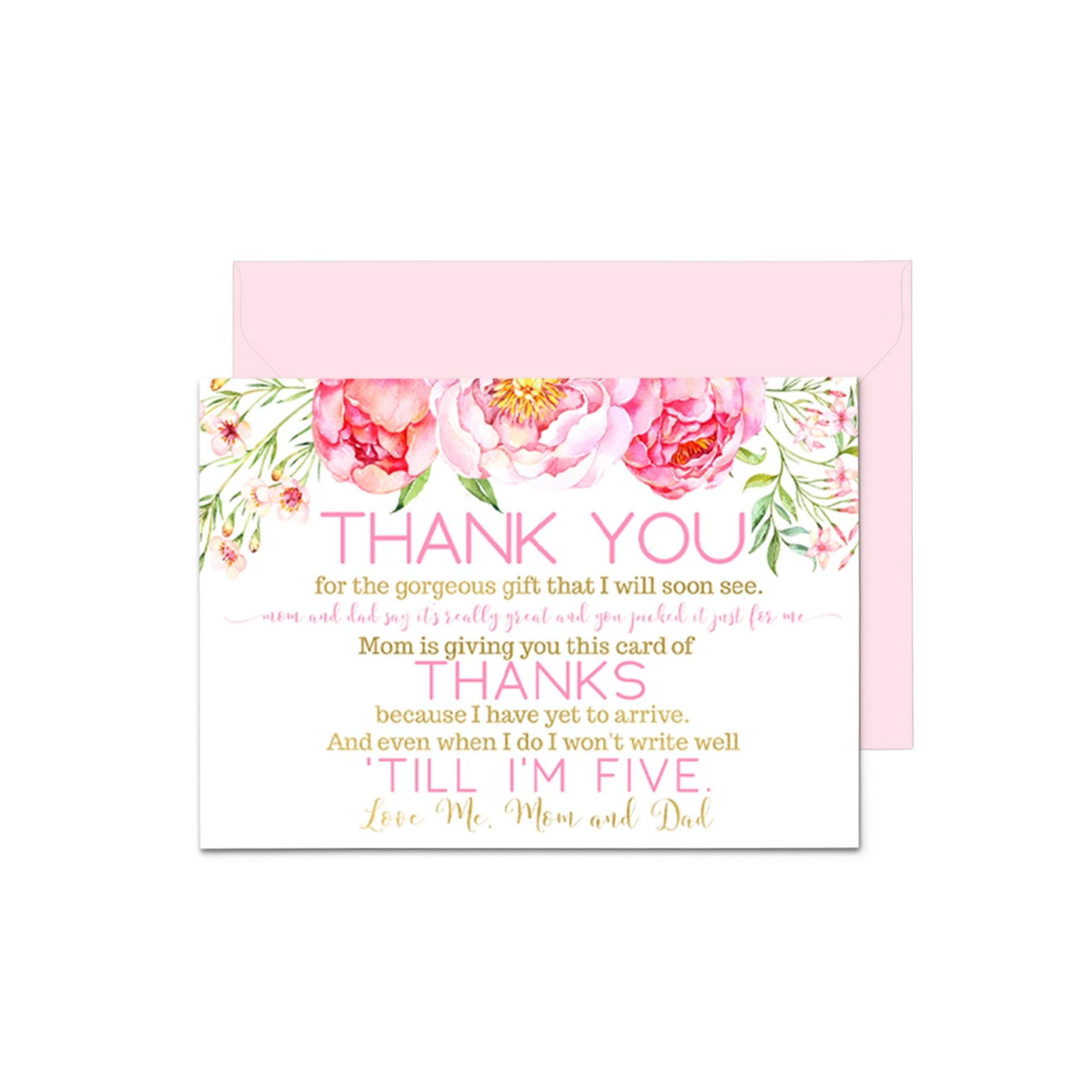 Pink Floral Baby Shower Thank You Cards with Envelopes - Blank Notes with Prefilled Message - Personalize for Girls’ Gifts - Pink Butterfly and Floral