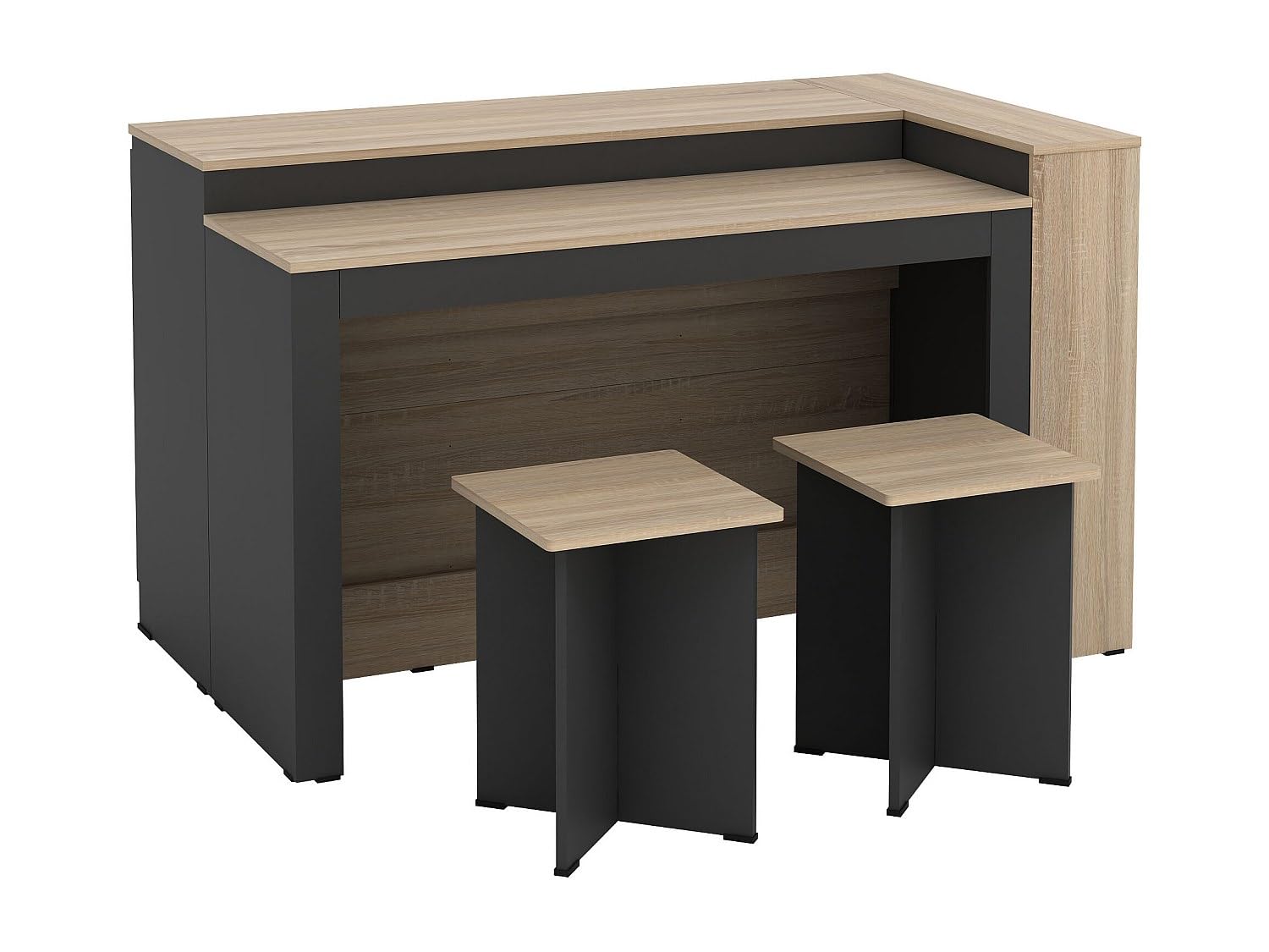 Vente-unique - Ensemble îlot Central de Cuisine + 2 tabourets - Noir et Naturel Clair - NUSICE
