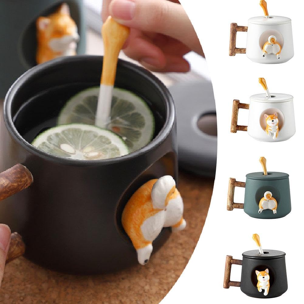 Śliczny kubek Corgi-420 ml 3D nowość ceramiczny kubek do kawy z pokrywką i łyżeczką-idealny prezent dla miłośników psów(Black,Head)