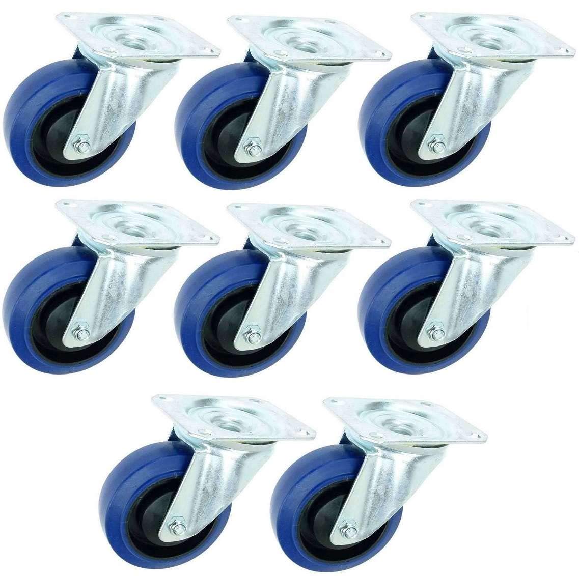 8 Stück 100 mm BLUE WHEELS Blau Transportrollen Lenkrollen Schwerlastrollen 135 kg/Rad - INDUSTRIEQALITÄT ECO (8 x Lenk)