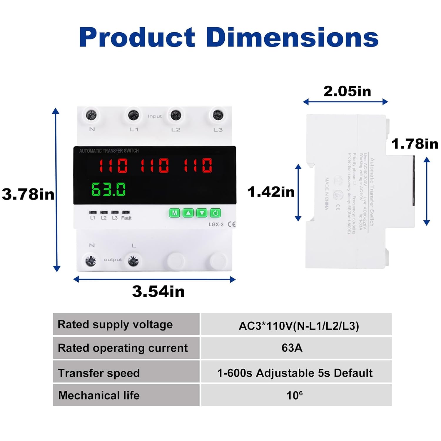Product dimensions diagram showing length, width, and height, along with a table of key specifications.