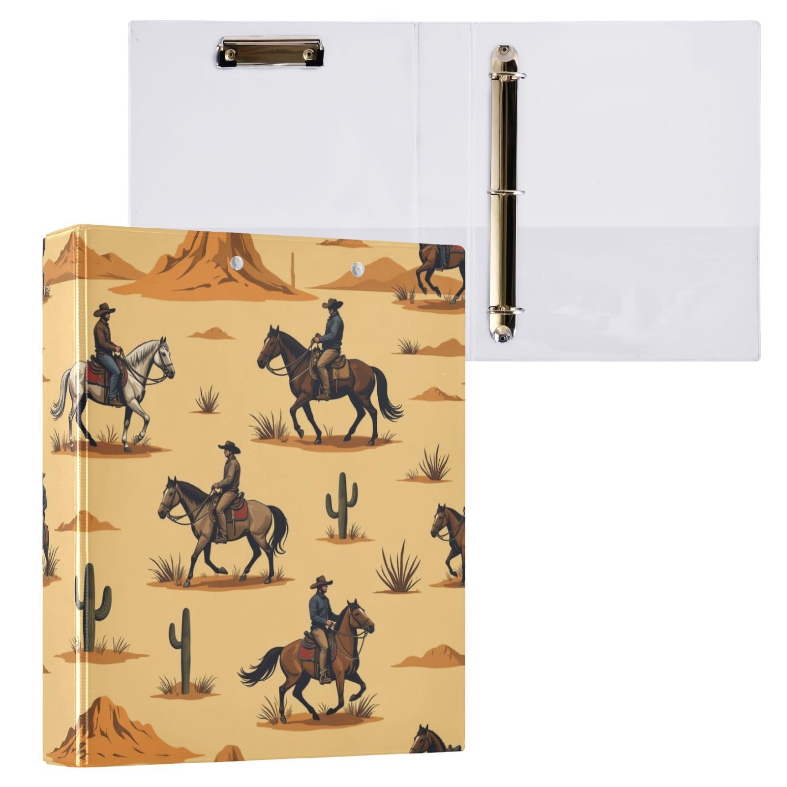 Caikeny 3 Ring Binder Cowboys Horses Brown 1.5 Inch Binders Cactus Round Ring Clipboard with 2 Pockets for Office Supplies