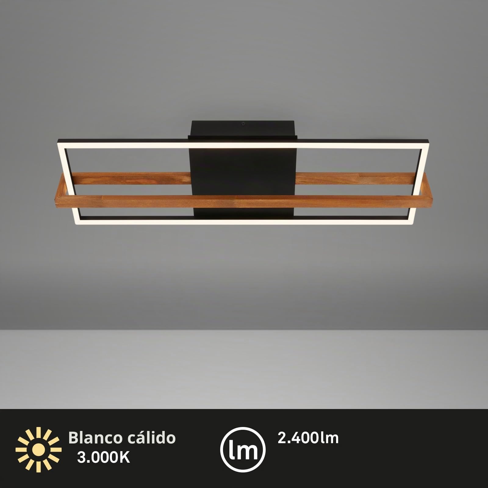 BRILONER - Lámpara de techo LED, lámpara de techo LED con luz de color blanco cálido, lámpara de 21W con marco de madera, lámpara de salón, lámpara de dormitorio, 740x210x110 mm (LxAxA), negro-madera
