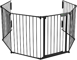 VOUNOT Kaminschutzgitter 360cm Metall, Türschutzgitter für Kinder-Sicherung, Absperrgitter Hund, Ofenschutzgitter Faltbar, 6 Elemente inkl. Sicherheitstür, mit Montagesatz, Schwarz