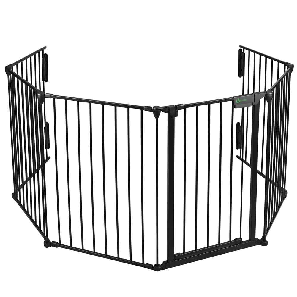 VOUNOT Kaminschutzgitter 360cm Metall, Türschutzgitter für Kinder-Sicherung, Absperrgitter Hund, Ofenschutzgitter Faltbar, 6 Elemente inkl. Sicherheitstür, mit Montagesatz, Schwarz