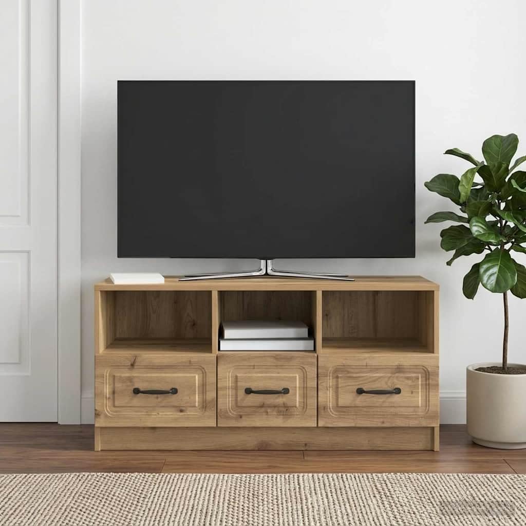 Szafka pod telewizor z materiału drewnopochodnego dębu Artisan, 102 x 34,5 x 47 cm, nowoczesna z 3 szufladami, dużo miejsca do przechowywania, uchwyty do prasowania, uniwersalna do salonu