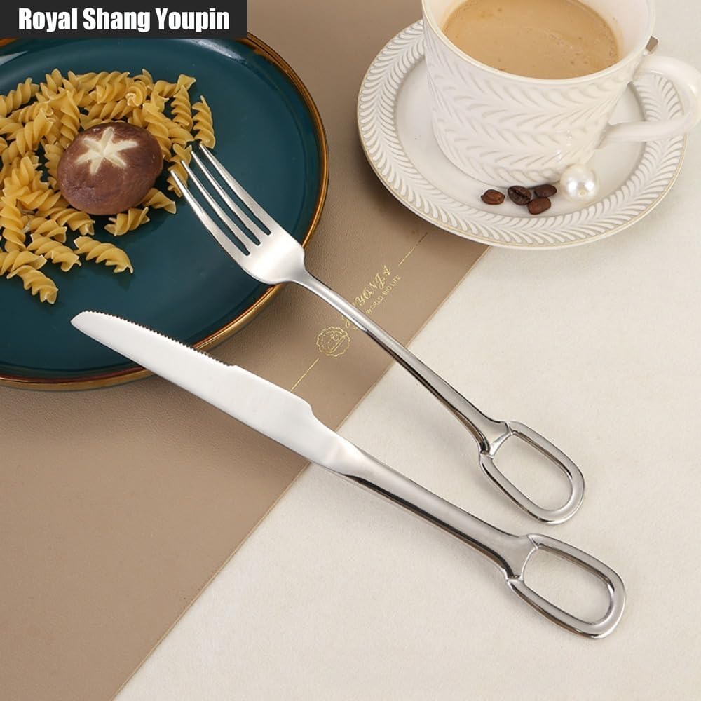 Kitchen Circular Hanging Hole Handle Stainless Steel Silverware Tableware Flatware Cutlery Set Steak Knife Fork Spoon Teaspoon (Silver,20 pieces)