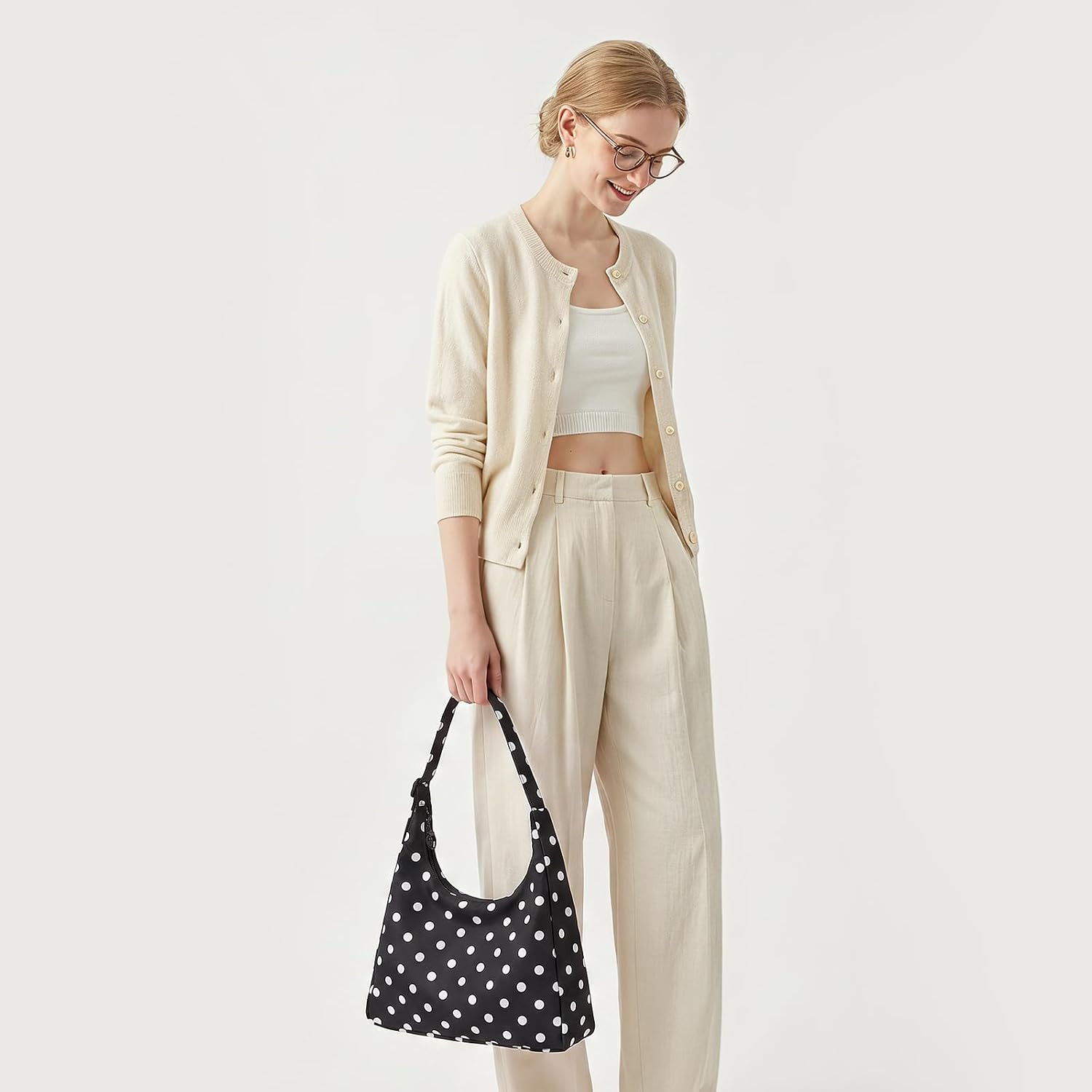 Nylon Shoulder Bag Polka Dot Hobo Handbag for Travel Work College