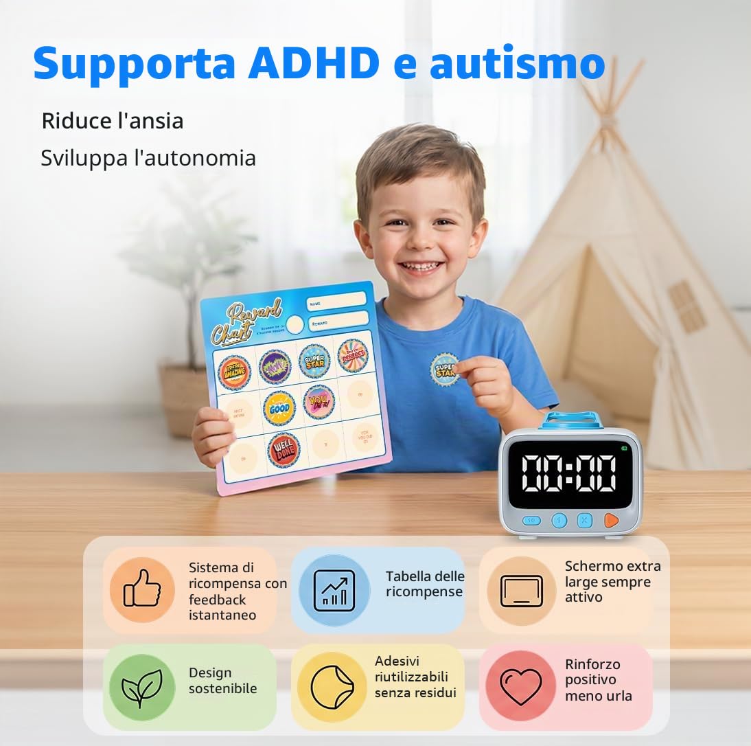 Timer per conto alla rovescia visivo con 200 adesivi premio medaglia, per premi per bambini, timer digitale ricaricabile per ADHD, strumento di studio a casa e aula