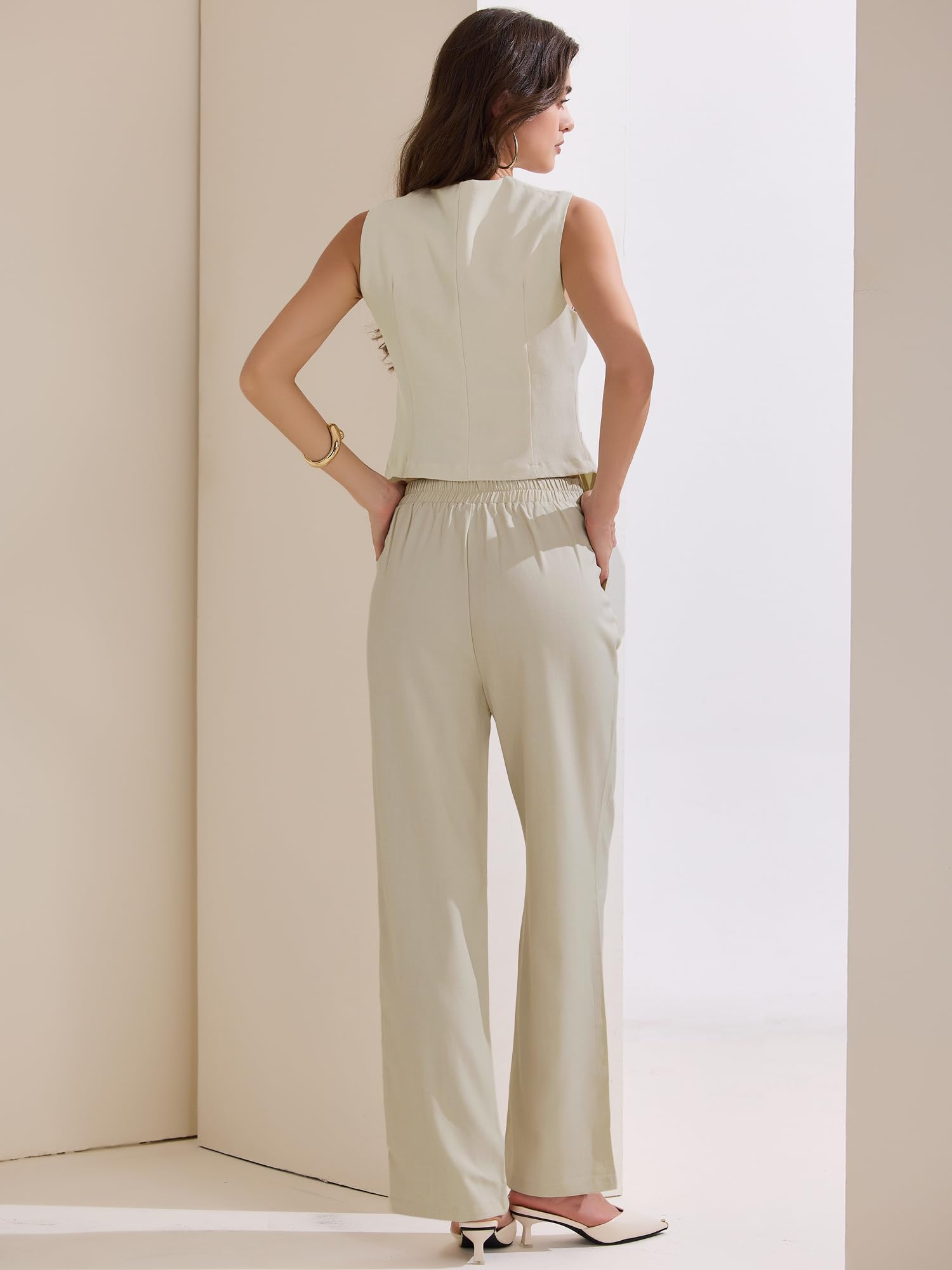 Allegra K Tenue 2 pièces pour femme - Blazer sans manches - Gilet - Pantalon large - Style décontracté