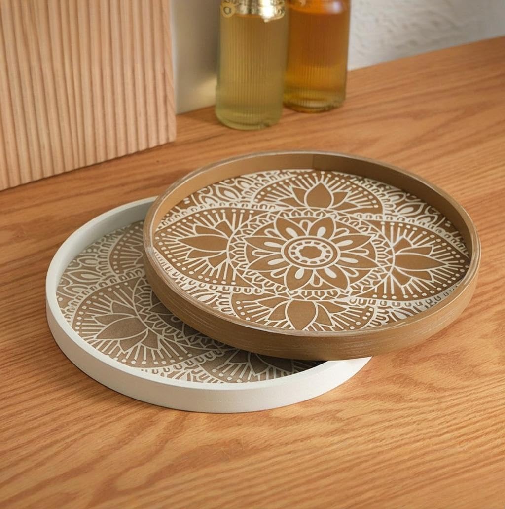 Bandeja redonda de madera, bandeja de mesa de café rústica, bandeja de servir de granja para velas y decoración, bandeja de madera decorativa para el hogar y la cocina, 16 pulgadas