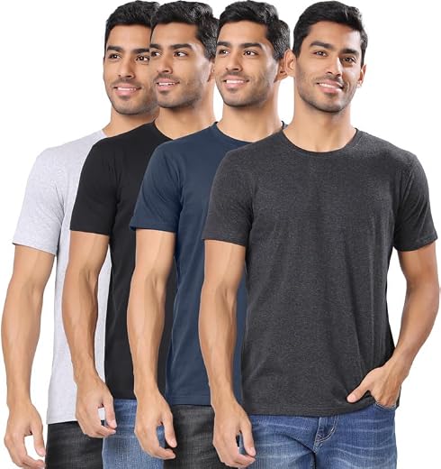 London Hills Men's Cotton Blend Regular Fit Solid Round Neck Half Sleeve T-Shirts - Pack of 4