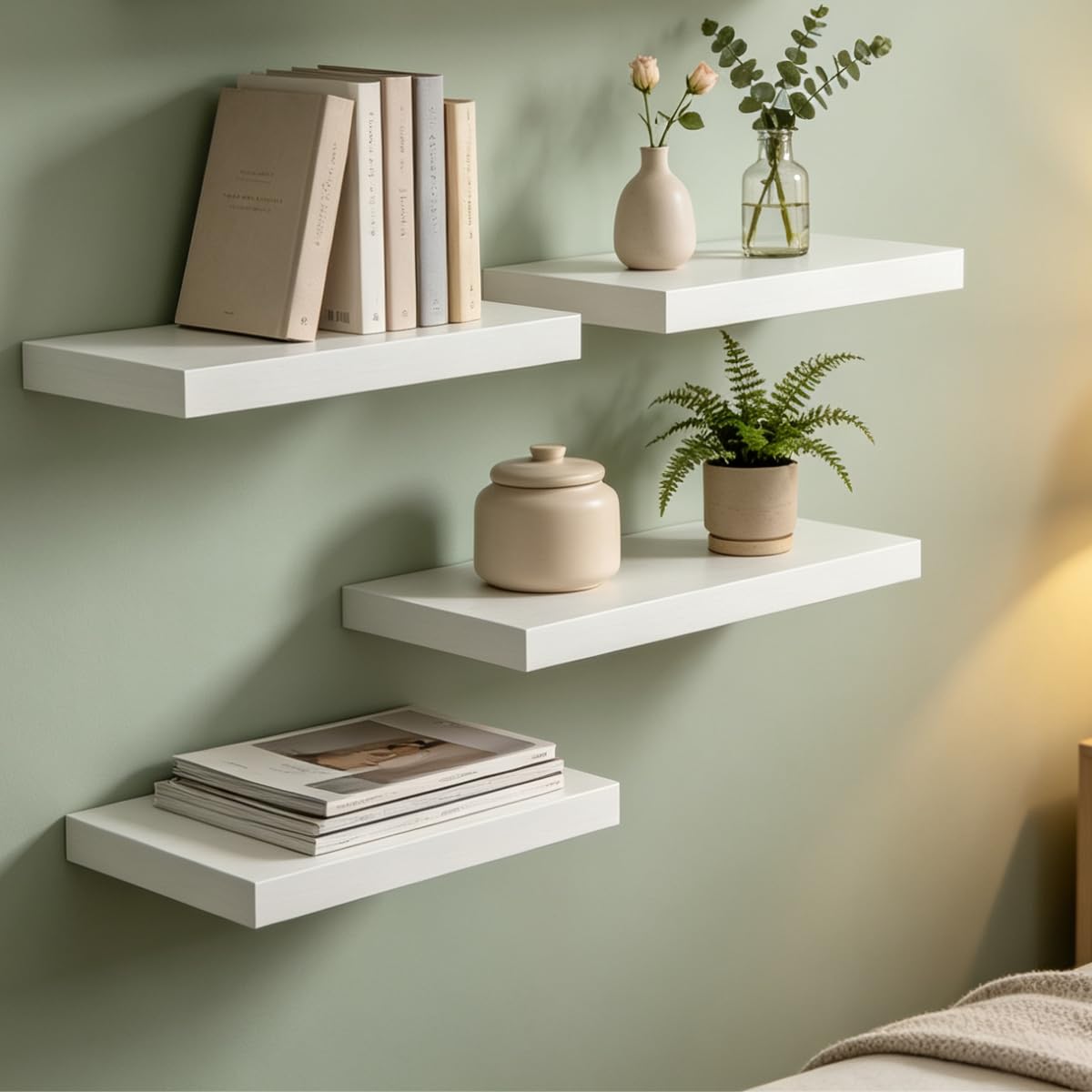 Set di 4 mensole da parete sospese, in MDF, colore bianco lucido