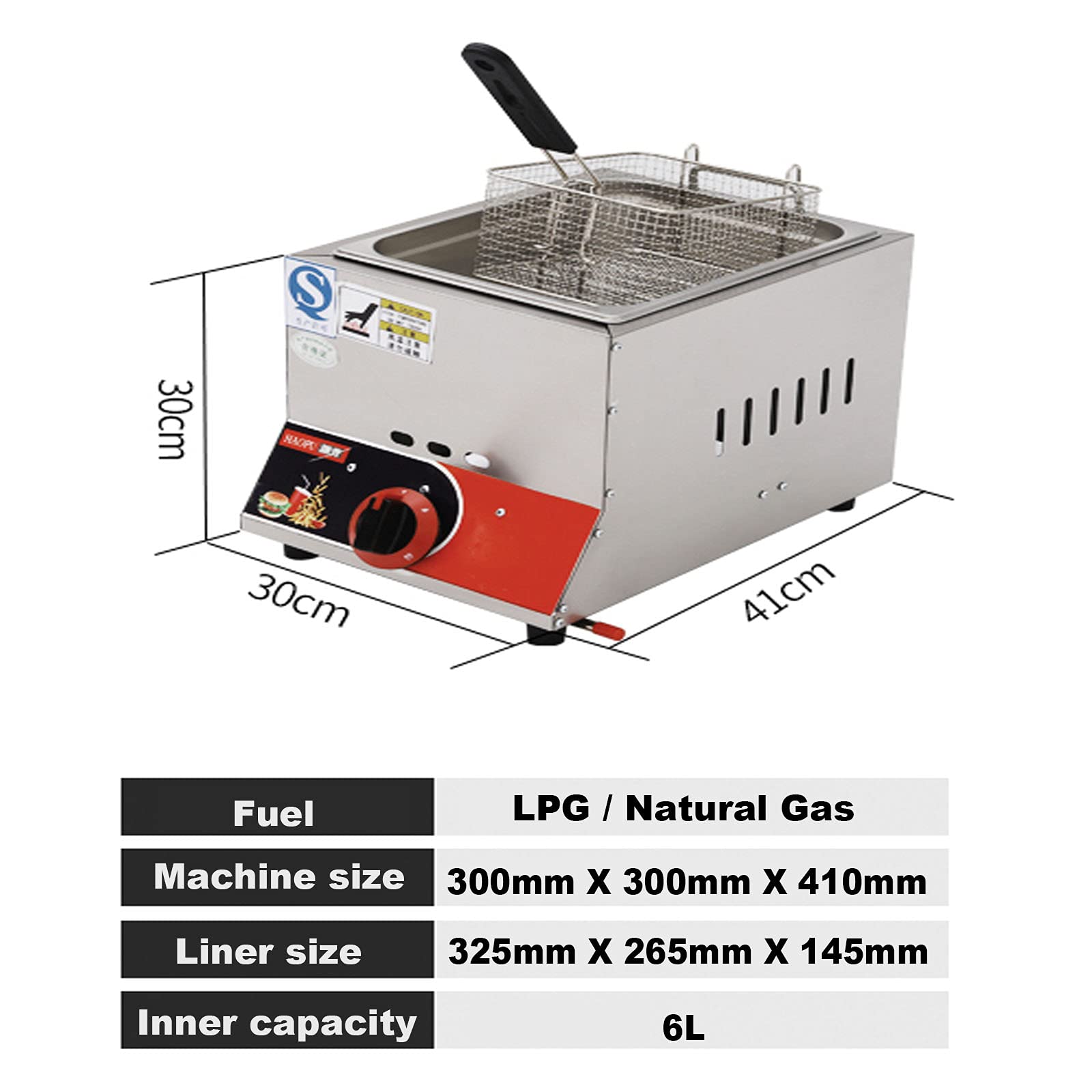 Freidora a Gas Industrial, freidora a Gas GLP, Acero Inoxidable, freidora Doble, Gran Capacidad 22L, con cestas extraíbles, Potencia de Fuego Regulable, fácil de Limpiar