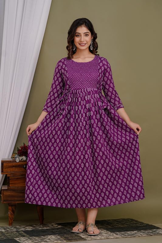 Image of Women's Pure Cotton Printed Maternity Gown /Maternity wear /Feeding Gown A-line Maternity Feeding Dress Maternity Kurti Gown for Women